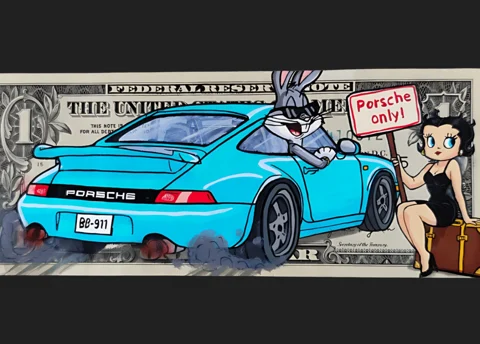 PORSCHE ONLY — œuvre peinte sur billets par TOONS RENAISSANCE