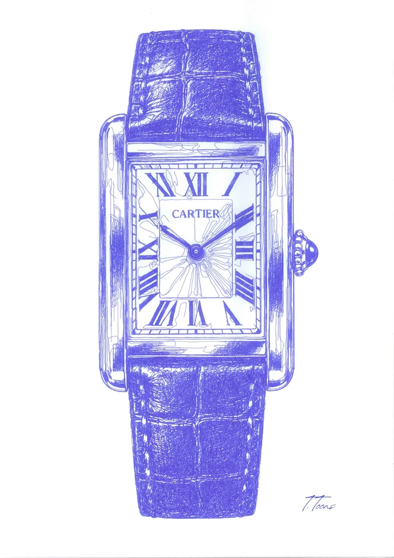 A Cartier watch drawn in blue ballpoint pen.