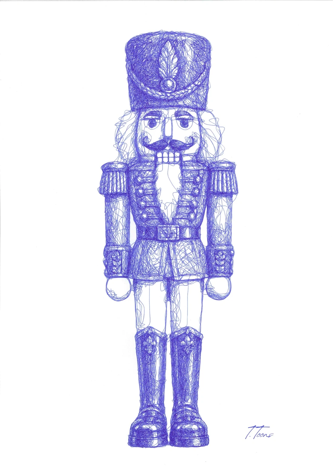 A nutcracker in uniform, drawn in blue ballpoint pen.