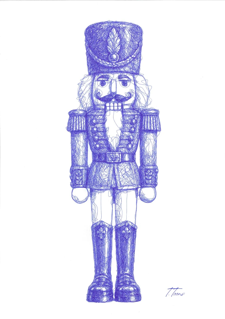 A nutcracker in uniform, drawn in blue ballpoint pen.