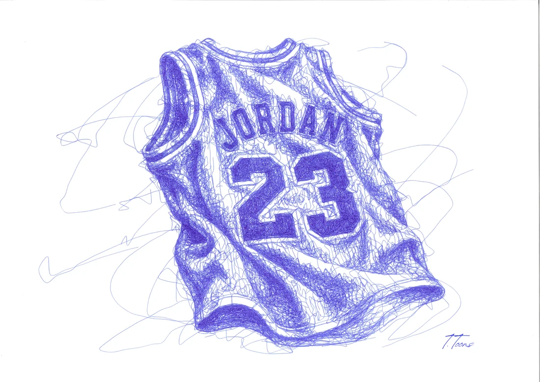 Michael Jordan’s number 23 Chicago Bulls jersey, drawn in blue.