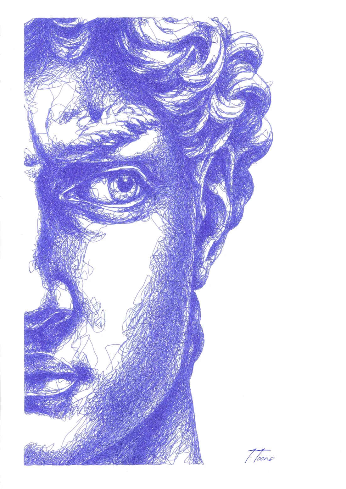 David’s face and gaze, drawn in blue ballpoint pen.