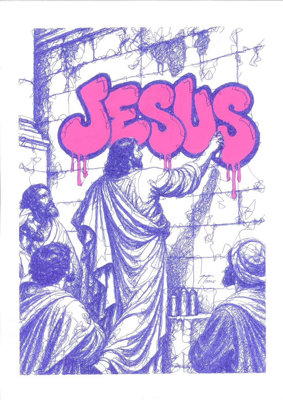 Une figure de Jésus dessinée en bleu, accompagnée d’un lettrage rose.