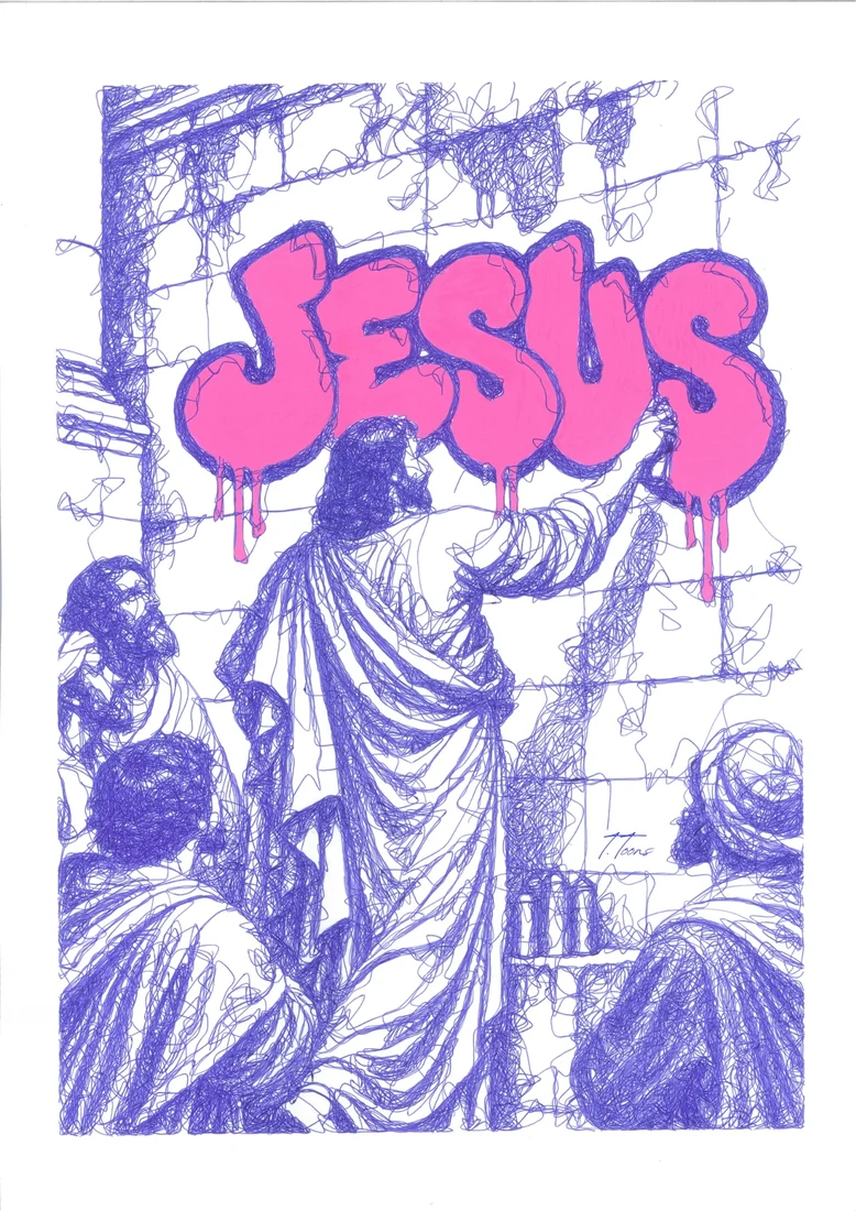 A figure of Jesus drawn in blue, accompanied by pink lettering.