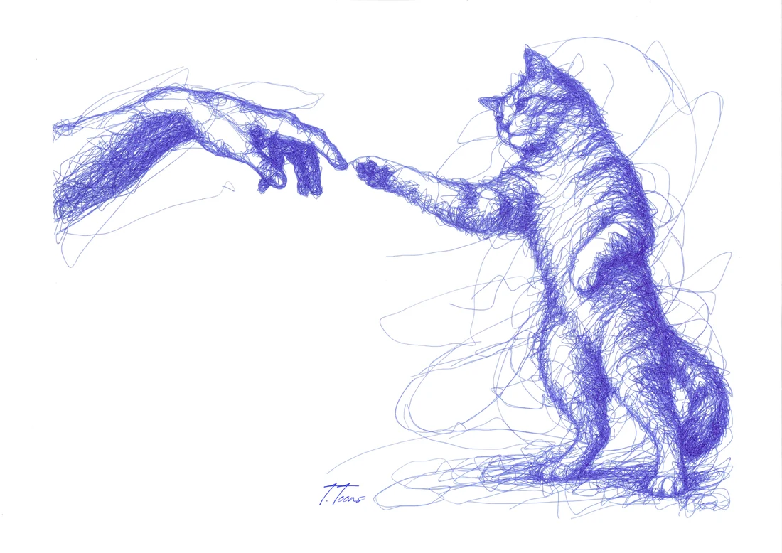 A hand and a cat drawn in blue ballpoint pen