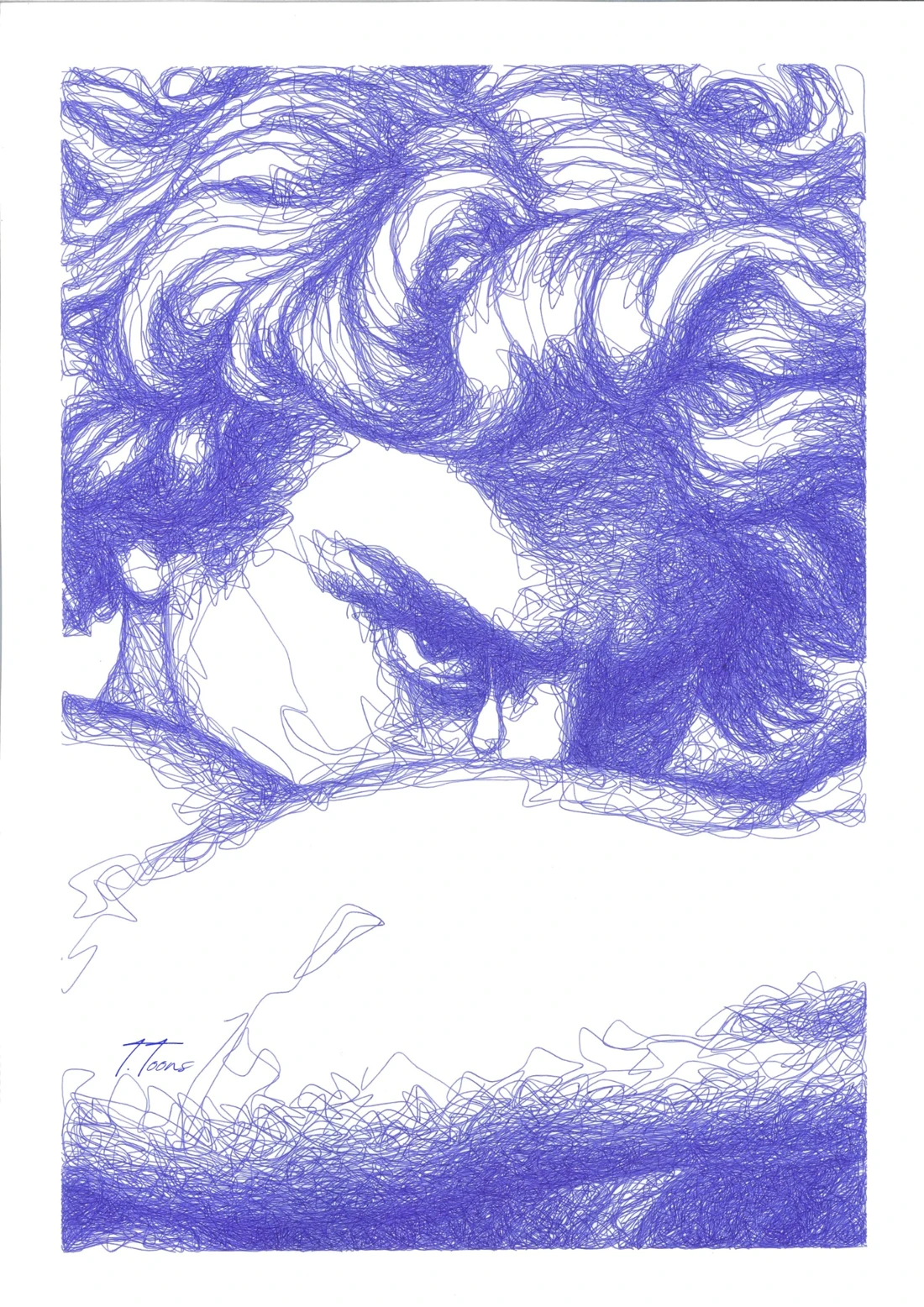 Le regard de Lucifer au-dessus de son bras, dessiné au stylo bleu.