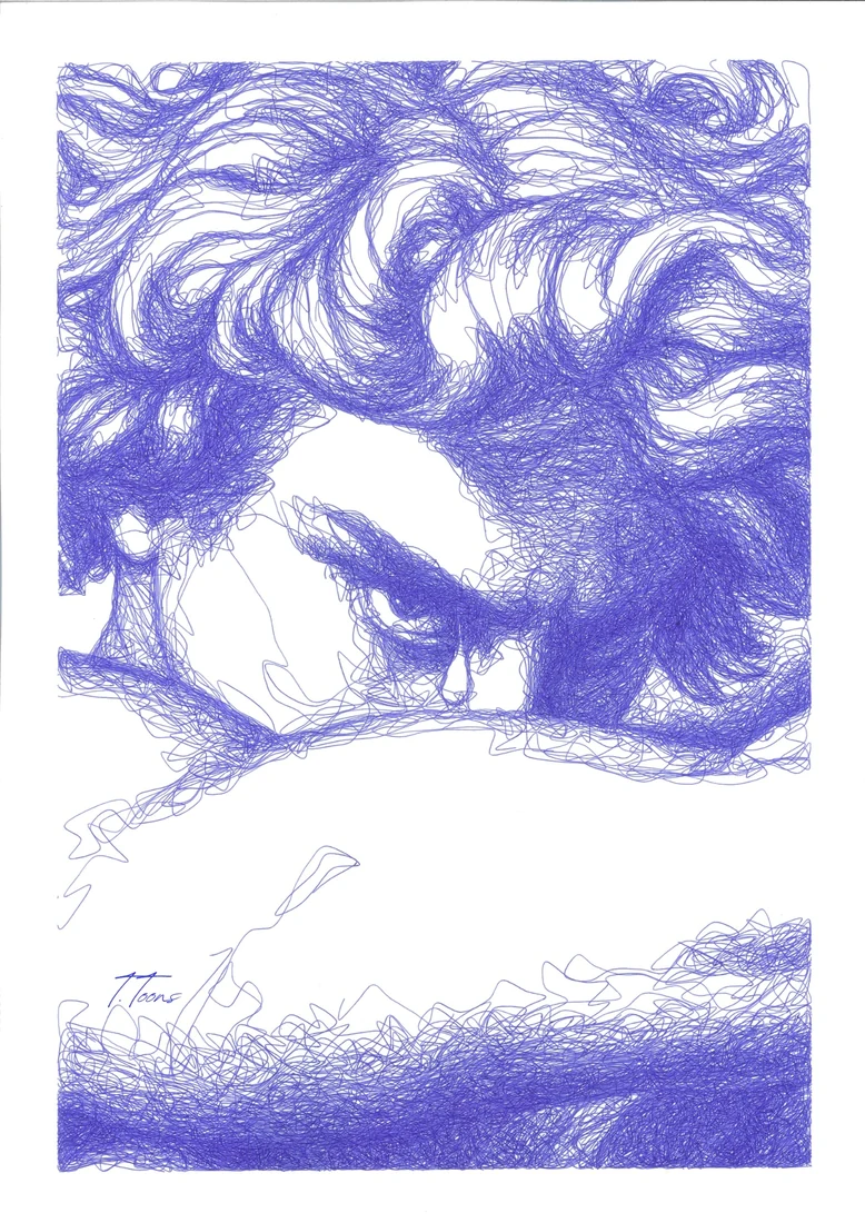 Lucifer’s gaze above his arm, drawn in blue pen.