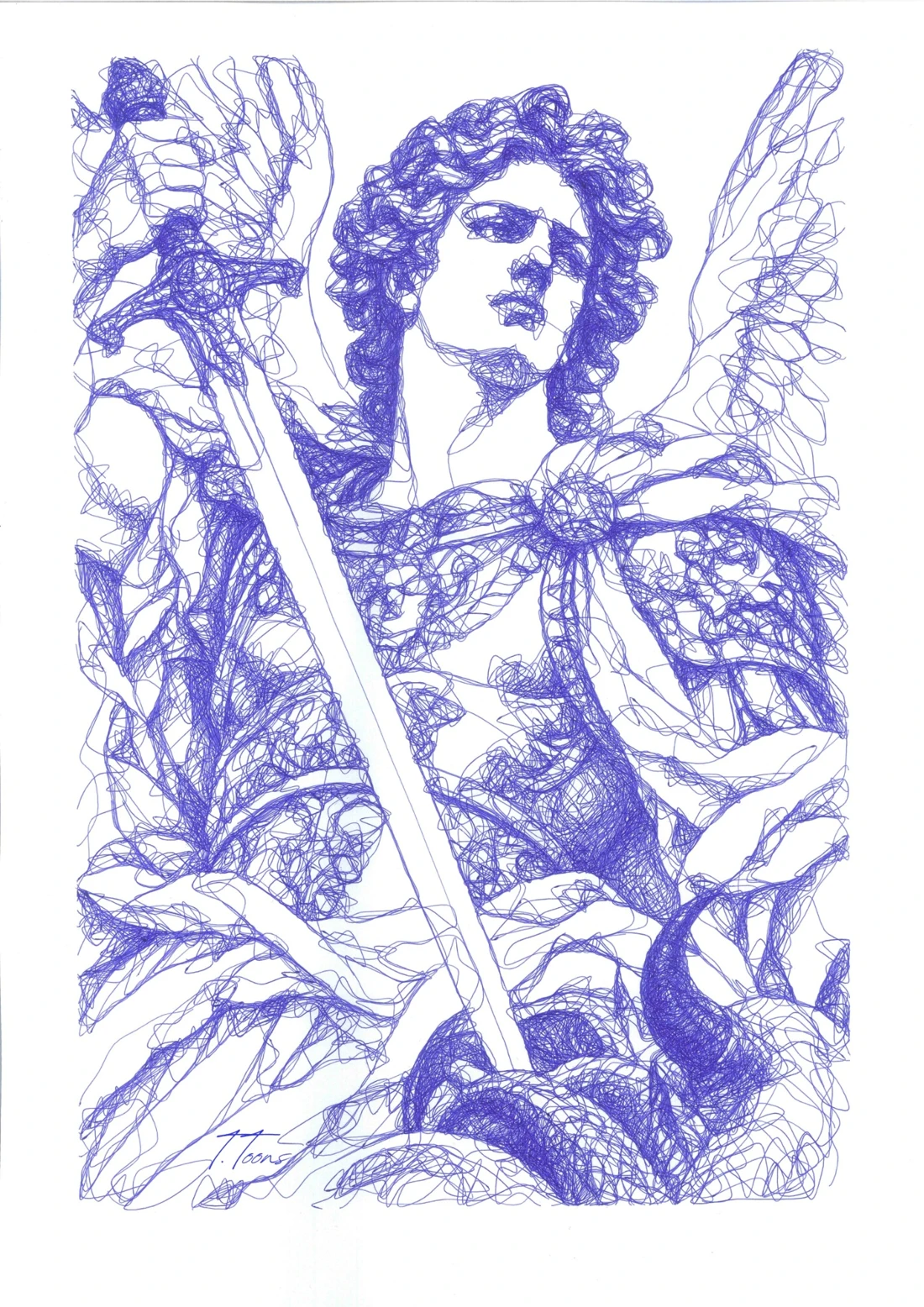 The archangel Michael, his wings and sword, drawn in blue pen.