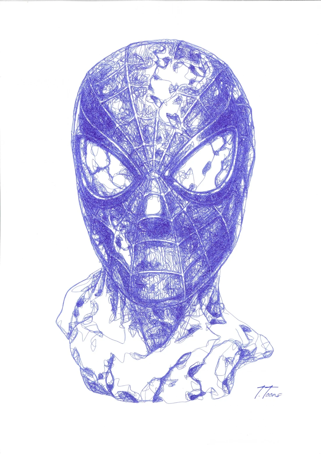 A bust of Spider-Man reimagined as an ancient sculpture, drawn in blue pen.