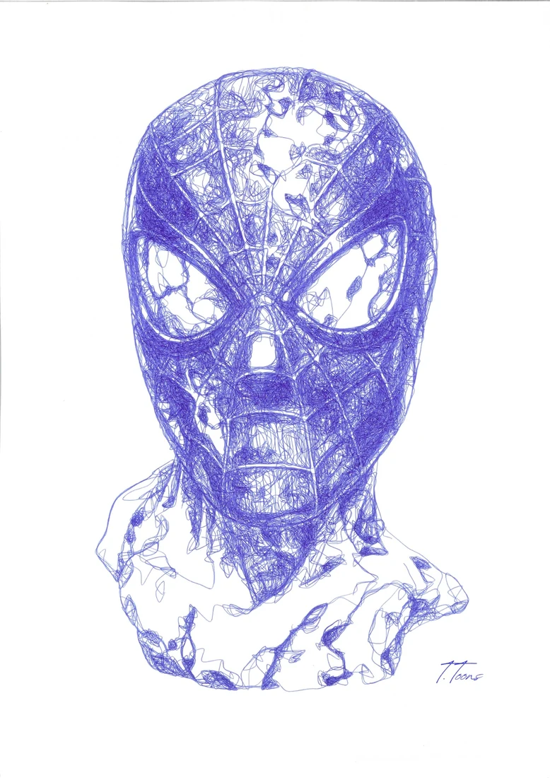 A bust of Spider-Man reimagined as an ancient sculpture, drawn in blue pen.