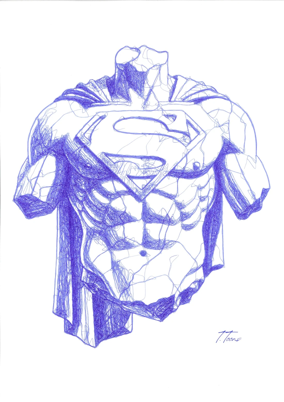 Le buste de Superman et son emblème, dessinés au stylo bleu.